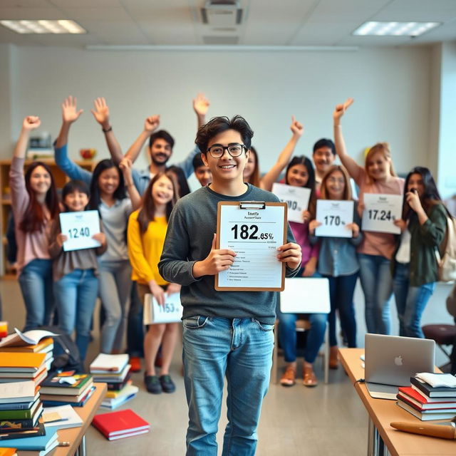 A dynamic academic scene depicting a high school or university environment focused on students excelling in their studies