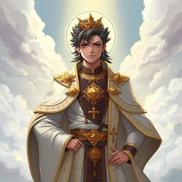 A stylized portrait of Rauw Alejandro dressed in a saintly outfit, featuring ornate golden embellishments, flowing robes, and a serene expression