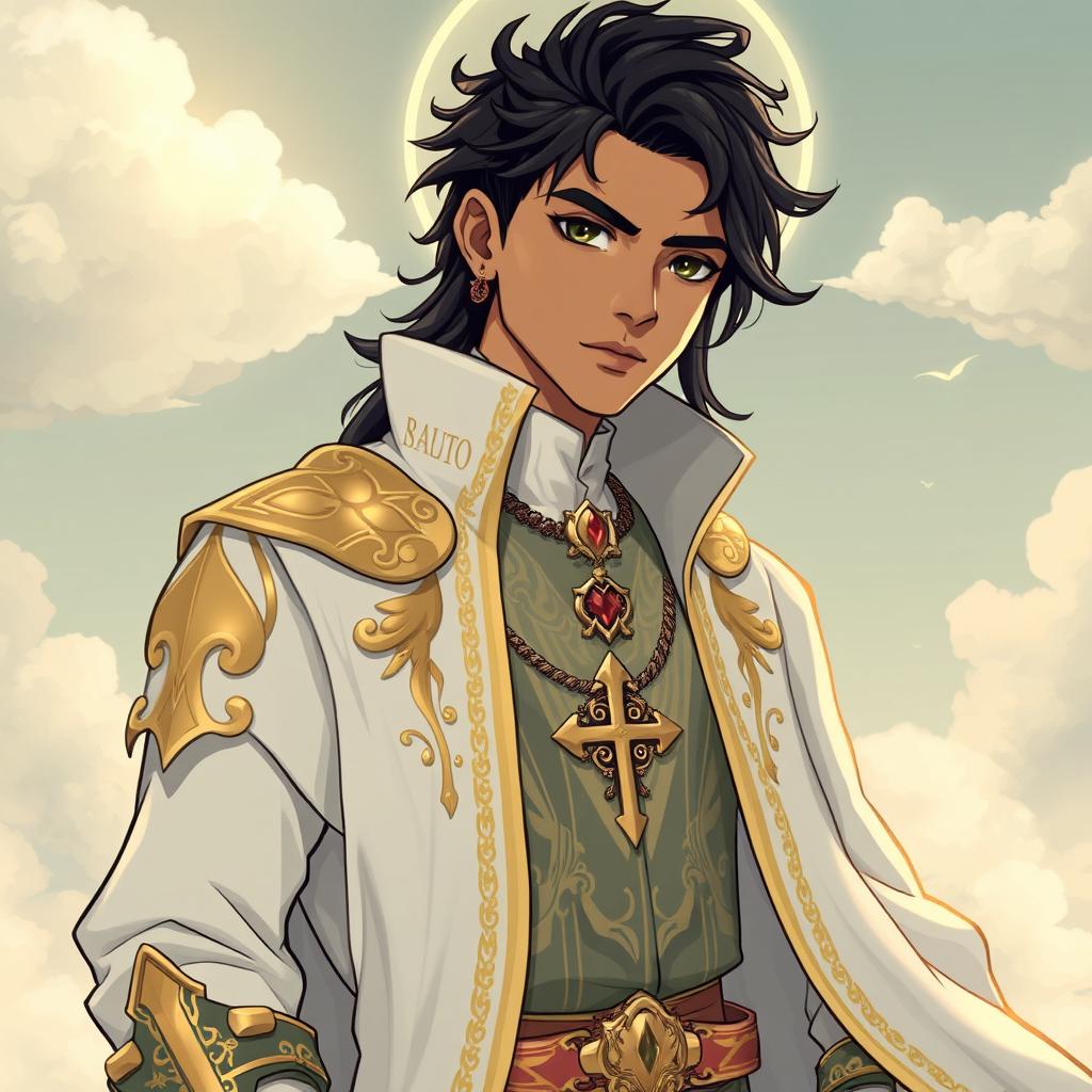 A stylized portrait of Rauw Alejandro dressed in a saintly outfit, featuring ornate golden embellishments, flowing robes, and a serene expression