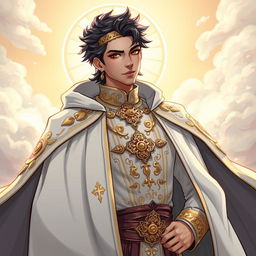 A stylized portrait of Rauw Alejandro dressed in a saintly outfit, featuring ornate golden embellishments, flowing robes, and a serene expression