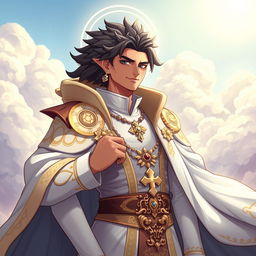 A stylized portrait of Rauw Alejandro dressed in a saintly outfit, featuring ornate golden embellishments, flowing robes, and a serene expression