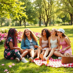 A serene scene featuring a diverse group of girls sitting together on the grass in a vibrant park