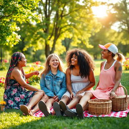 A serene scene featuring a diverse group of girls sitting together on the grass in a vibrant park