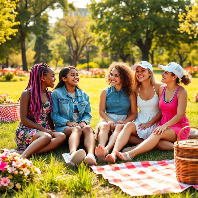 A serene scene featuring a diverse group of girls sitting together on the grass in a vibrant park