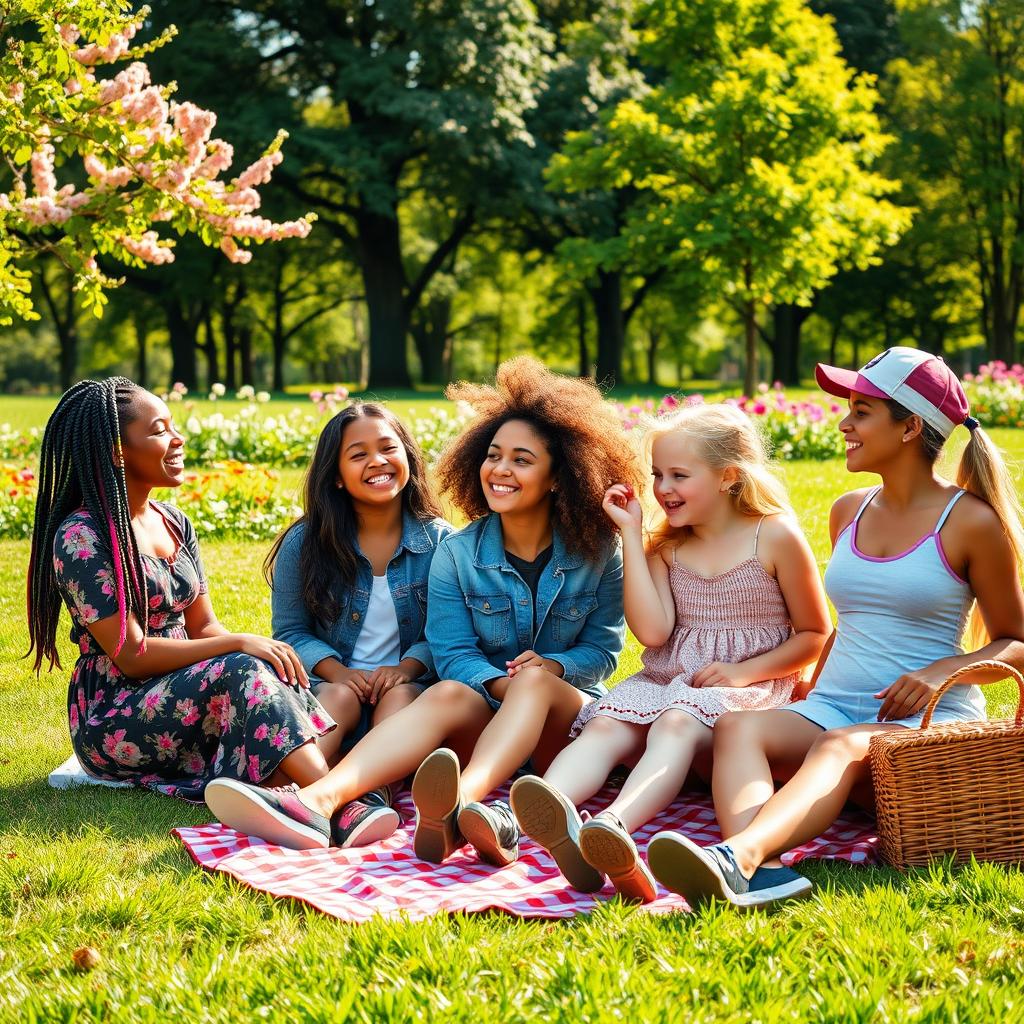 A serene scene featuring a diverse group of girls sitting together on the grass in a vibrant park