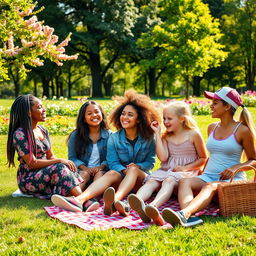 A serene scene featuring a diverse group of girls sitting together on the grass in a vibrant park