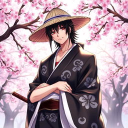 A highly detailed character illustration of Kyoraku Shunsui, a strong and charismatic shinigami from the anime Bleach, featuring his signature black haori adorned with white patterns and a straw hat shading his face