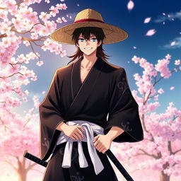 A highly detailed character illustration of Kyoraku Shunsui, a strong and charismatic shinigami from the anime Bleach, featuring his signature black haori adorned with white patterns and a straw hat shading his face