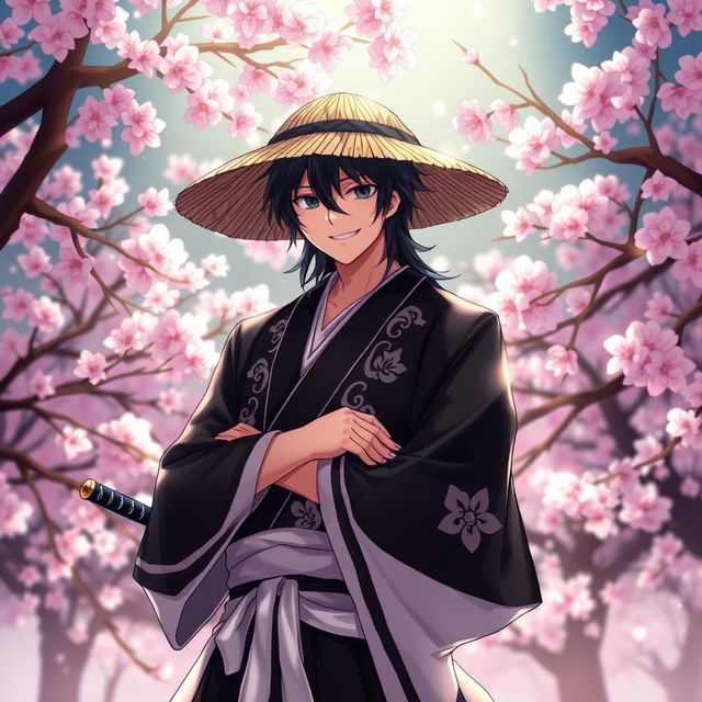 A highly detailed character illustration of Kyoraku Shunsui, a strong and charismatic shinigami from the anime Bleach, featuring his signature black haori adorned with white patterns and a straw hat shading his face