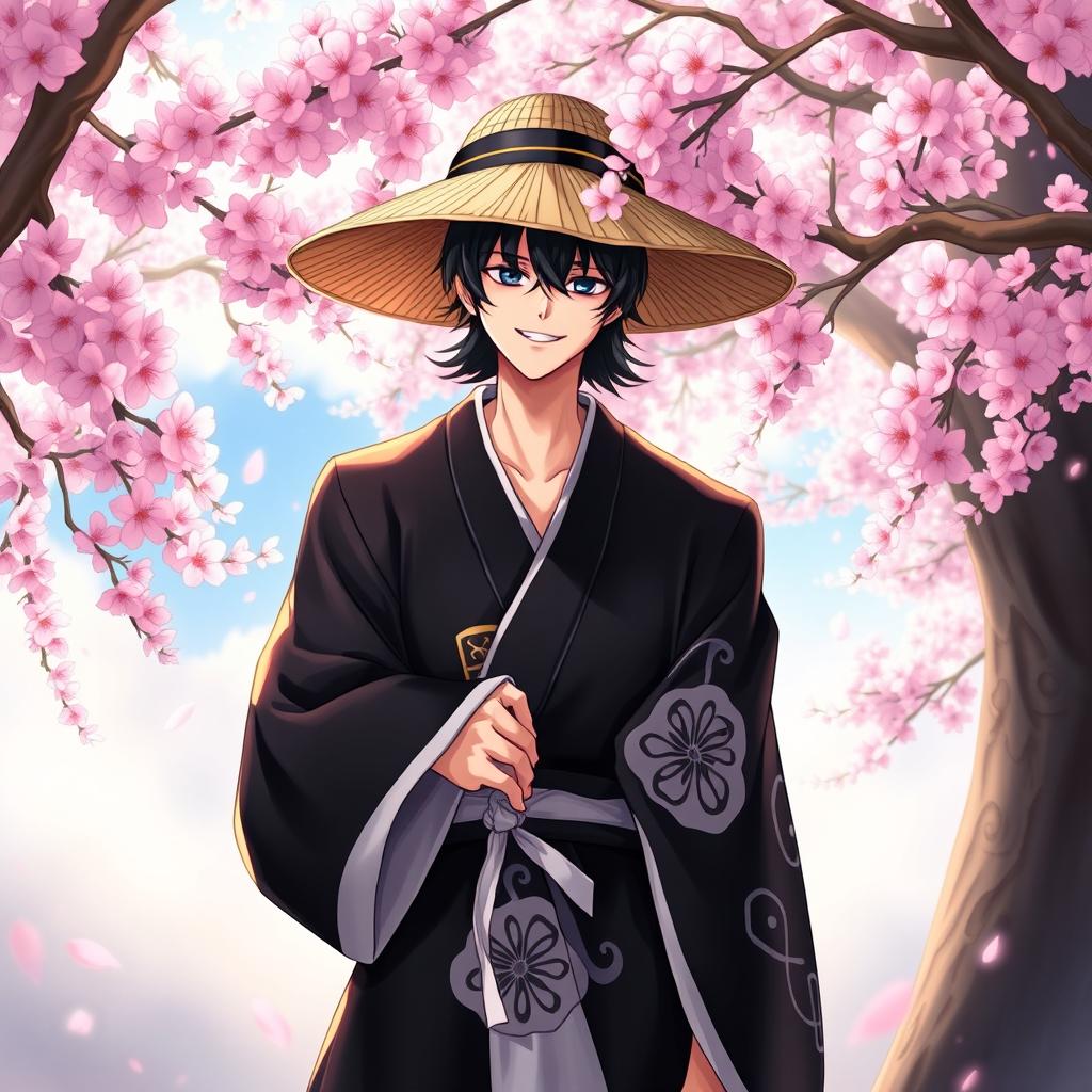 A highly detailed character illustration of Kyoraku Shunsui, a strong and charismatic shinigami from the anime Bleach, featuring his signature black haori adorned with white patterns and a straw hat shading his face