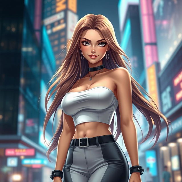 A stunningly beautiful busty female character with long flowing hair, wearing a stylish and modern outfit that complements her figure