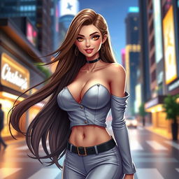 A stunningly beautiful busty female character with long flowing hair, wearing a stylish and modern outfit that complements her figure