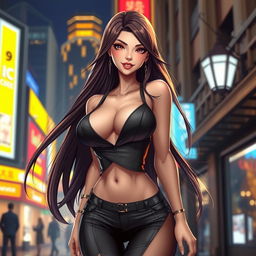 A stunningly beautiful busty female character with long flowing hair, wearing a stylish and modern outfit that complements her figure