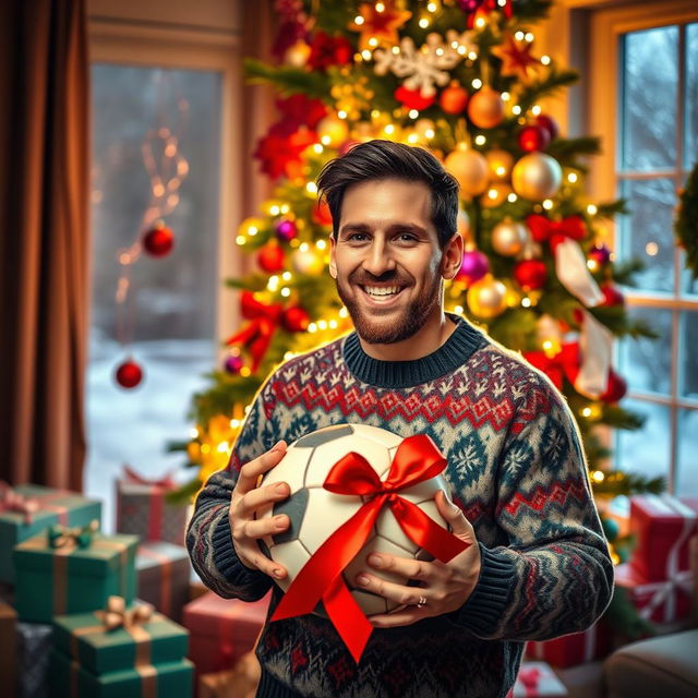 A festive Christmas celebration featuring Lionel Messi, surrounded by a beautiful Christmas tree adorned with colorful ornaments and twinkling lights