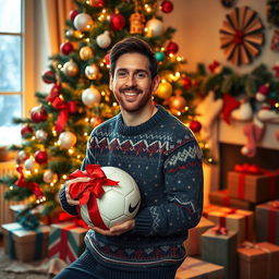 A festive Christmas celebration featuring Lionel Messi, surrounded by a beautiful Christmas tree adorned with colorful ornaments and twinkling lights