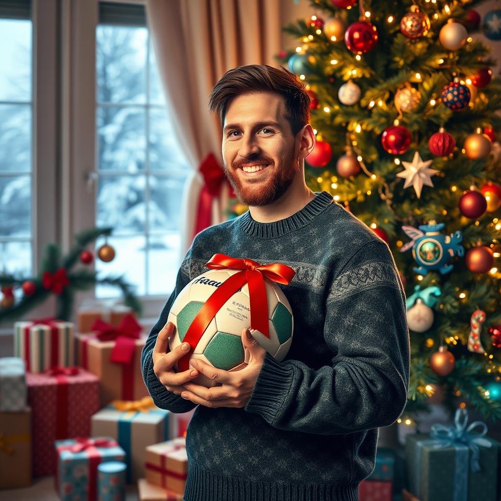 A festive Christmas celebration featuring Lionel Messi, surrounded by a beautiful Christmas tree adorned with colorful ornaments and twinkling lights