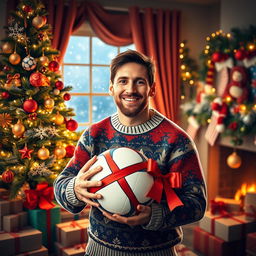 A festive Christmas celebration featuring Lionel Messi, surrounded by a beautiful Christmas tree adorned with colorful ornaments and twinkling lights