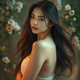 A beautiful young woman with a graceful pose, surrounded by soft, warm lighting in a serene environment
