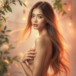 A beautiful young woman with a graceful pose, surrounded by soft, warm lighting in a serene environment