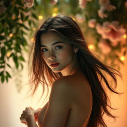 A beautiful young woman with a graceful pose, surrounded by soft, warm lighting in a serene environment