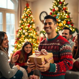 A joyful Christmas celebration featuring a famous football star resembling Cristiano Ronaldo, surrounded by family and friends