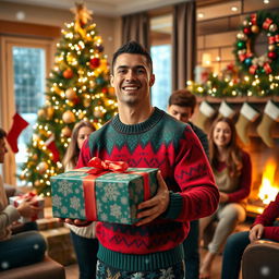 A joyful Christmas celebration featuring a famous football star resembling Cristiano Ronaldo, surrounded by family and friends