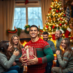 A joyful Christmas celebration featuring a famous football star resembling Cristiano Ronaldo, surrounded by family and friends