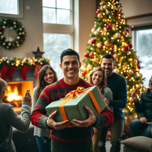 A joyful Christmas celebration featuring a famous football star resembling Cristiano Ronaldo, surrounded by family and friends