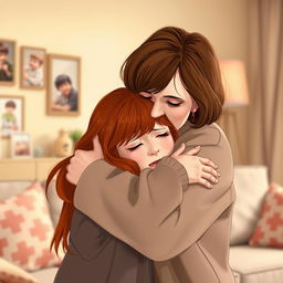A heartfelt scene depicting a middle-aged woman with warm brown hair, gently hugging a crying red-haired girl
