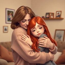 A heartfelt scene depicting a middle-aged woman with warm brown hair, gently hugging a crying red-haired girl