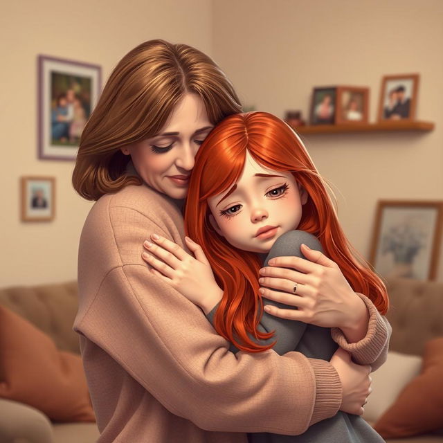 A heartfelt scene depicting a middle-aged woman with warm brown hair, gently hugging a crying red-haired girl