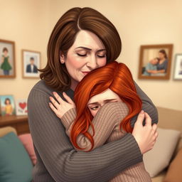 A heartfelt scene depicting a middle-aged woman with warm brown hair, gently hugging a crying red-haired girl