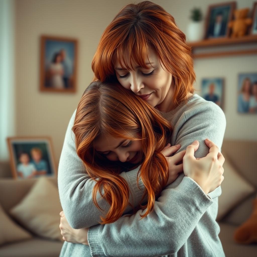 A heartfelt scene depicting a middle-aged woman with warm brown hair, gently hugging a crying red-haired girl