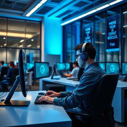 A person focused intently on their computer screen in a modern computer lab, surrounded by sleek desks and high-tech equipment