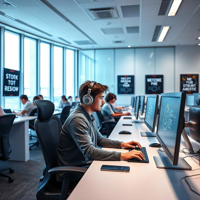 A person focused intently on their computer screen in a modern computer lab, surrounded by sleek desks and high-tech equipment