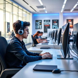 A person focused intently on their computer screen in a modern computer lab, surrounded by sleek desks and high-tech equipment