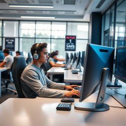 A person focused intently on their computer screen in a modern computer lab, surrounded by sleek desks and high-tech equipment