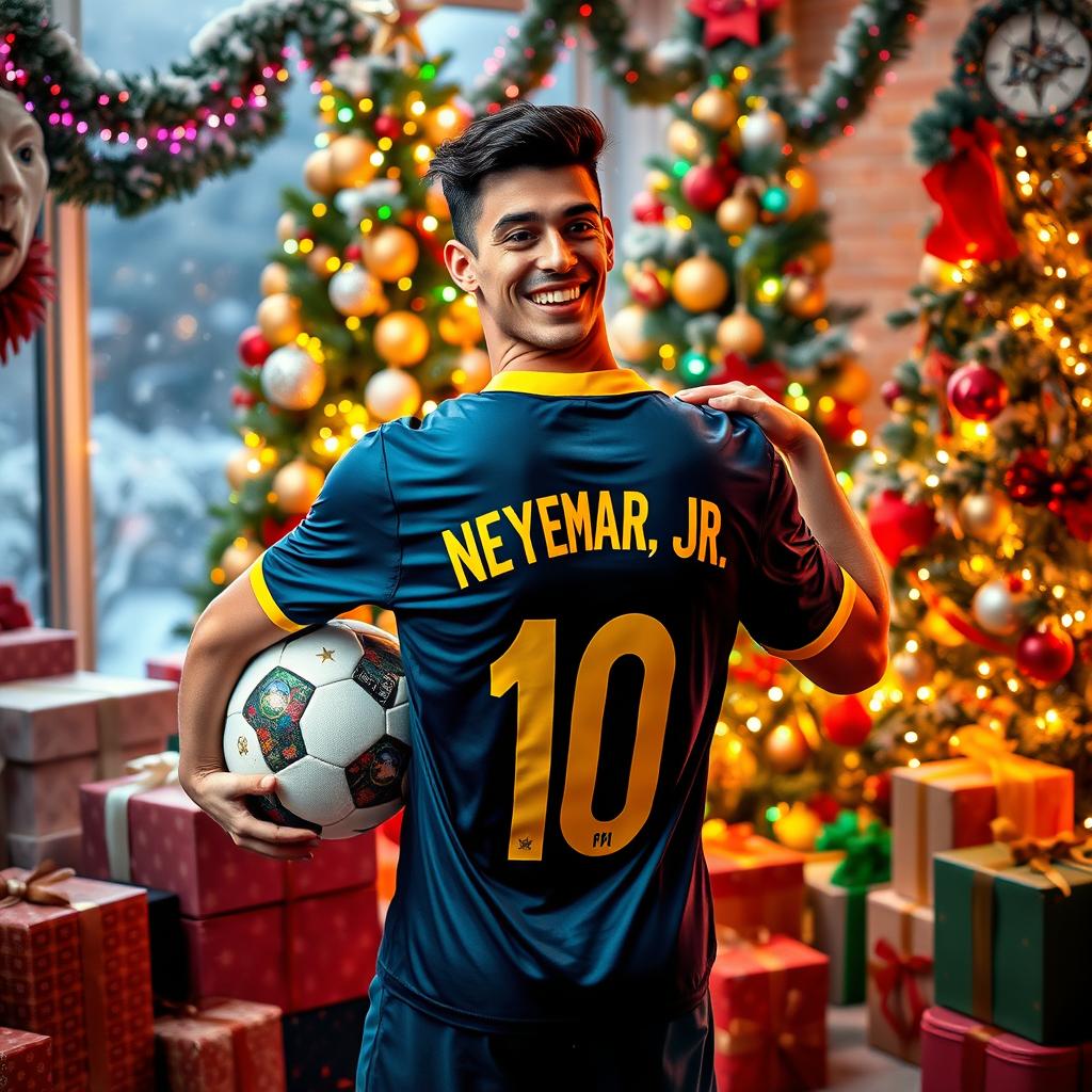 A vibrant Christmas celebration scene featuring a young man enthusiastically wearing a Brazilian national jersey with 'Neymar Jr' on the back