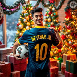 A vibrant Christmas celebration scene featuring a young man enthusiastically wearing a Brazilian national jersey with 'Neymar Jr' on the back