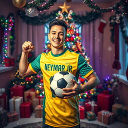 A vibrant Christmas celebration scene featuring a young man enthusiastically wearing a Brazilian national jersey with 'Neymar Jr' on the back