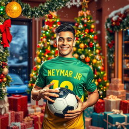 A vibrant Christmas celebration scene featuring a young man enthusiastically wearing a Brazilian national jersey with 'Neymar Jr' on the back