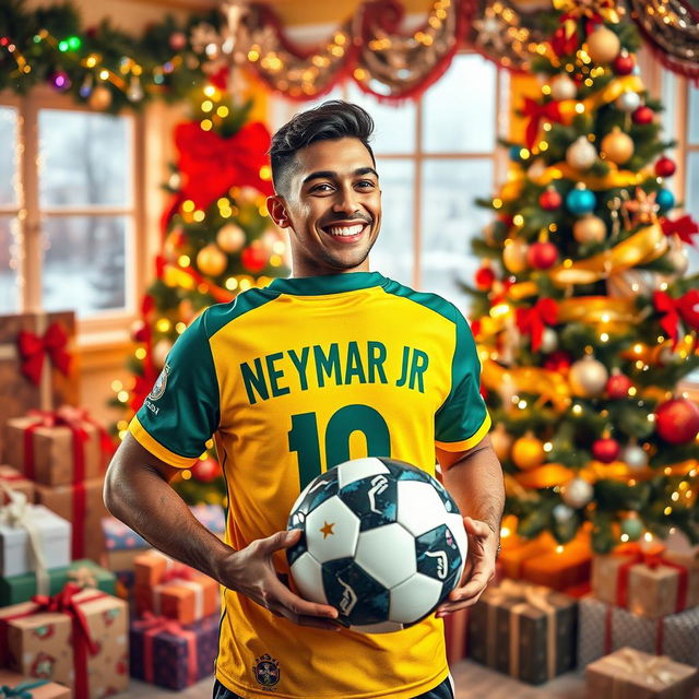 A vibrant Christmas celebration scene featuring a young man enthusiastically wearing a Brazilian national jersey with 'Neymar Jr' on the back