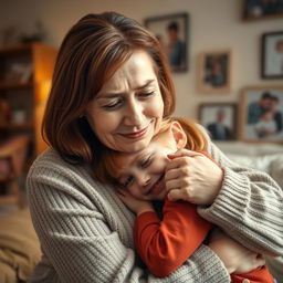 A tender scene featuring a middle-aged woman with soft brown hair, gently embracing a crying red-haired girl