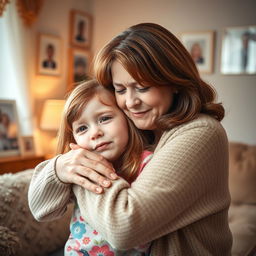 A tender scene featuring a middle-aged woman with soft brown hair, gently embracing a crying red-haired girl