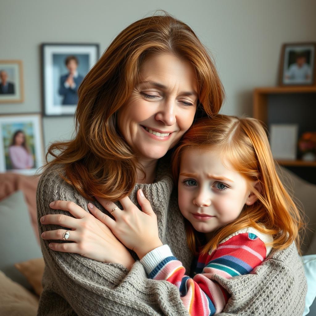 A tender scene featuring a middle-aged woman with soft brown hair, gently embracing a crying red-haired girl