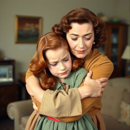 A poignant scene set in the 1940s featuring a middle-aged woman with soft brown hair, warmly embracing a crying red-haired teenage girl