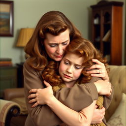 A poignant scene set in the 1940s featuring a middle-aged woman with soft brown hair, warmly embracing a crying red-haired teenage girl