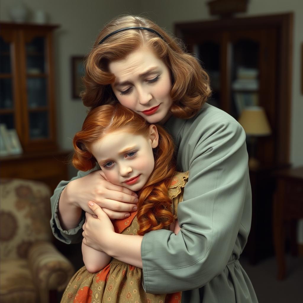 A poignant scene set in the 1940s featuring a middle-aged woman with soft brown hair, warmly embracing a crying red-haired teenage girl