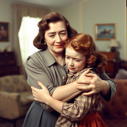 A poignant scene set in the 1940s featuring a middle-aged woman with soft brown hair, warmly embracing a crying red-haired teenage girl