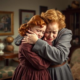 A heartfelt scene depicting a middle-aged woman embracing a crying teenage girl with red hair in a 1940s setting